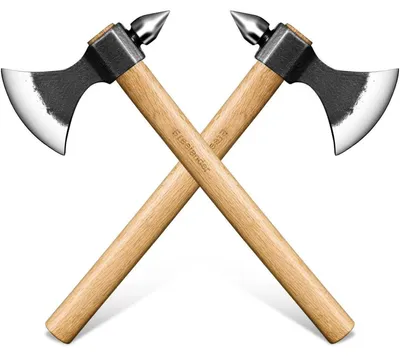 Immagine prodotto di Set di 2 asce artigianali, forgiate a mano, ideali per la sopravvivenza all'aperto, per spaccare la legna, con martello e manico in legno di quercia, colore naturale