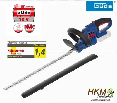 Product advertisement for a hedge trimmer with accompanying battery.