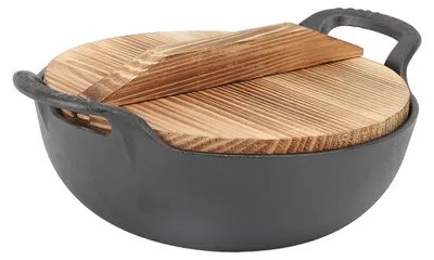 Gusseiserne Wokpfanne 20 cm mit 2 Griffen und Holzdeckel