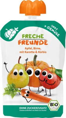 MUS JABŁKO - GRUSZKA - MARCHEW - DYNIA  BEZ DODATKU CUKRÓW BEZGLUTENOWY OD 6 MIESIĄCA BIO 100 g - FRECHE FREUNDE