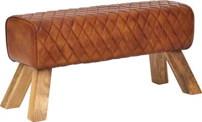 Sitzbank Echtleder Massivholz Turnbock mit gestepptem Lederbezug und Holzbeinen, Gesamtansicht.