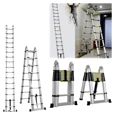 Produktbild von 16,5 Fuß / 5 m Aluminium-Teleskopleiter für Innen- und Außenbereich, 8x2 Stufen, tragbare Mehrzweckleiter, leichte A-Rahmen-Teleskopleiter mit 150 kg Tragfähigkeit