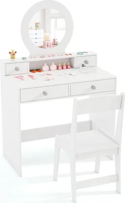 A white children's vanity desk and chair set with a mirror and accessories.