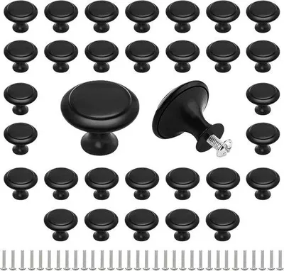 Obrázok produktu pre 32 kusov okrúhlych kľučiek s priemerom 27 mm – nerezové úchytky zásuviek – matné čierne úchytky zásuviek so skrutkami, vhodné pre kancelárske zásuvky a malé skrinky – príslušenstvo pre šatníky