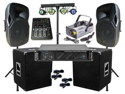 Produktbild von DJ PA Anlage 3600Watt 38cm Box USB Mischpult Stativ LED Light Nebel Komplett Set