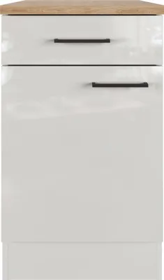 A front view of a light gray kitchen cabinet with a wooden top and two black handles.