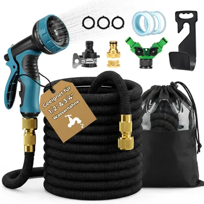 Produktbild von Flexibler Gartenschlauch 15 m,dehnbarer Flexischlauch,Wasserschlauch mit 3-fach Latexkern,10 Modi Sprühpistole,Wandhalterung,1/2" & 3/4" Adapter