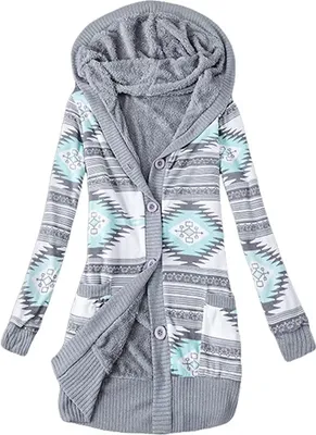 Produktbild von ASKSA Damen Drucken Strickpullover Strickjacke Knopf Plüschjacke mit Taschen Mittellange Sweater, Grün, S