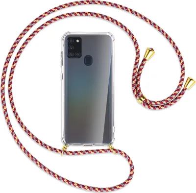 Produktbild von Handykette Backcover-Schutzhülle mit Band (Metall goldfarben) für Samsung Galaxy A21s - weinrot/gelb/grau