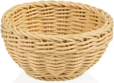 A light beige woven basket shown from a slightly elevated side view against a white background.