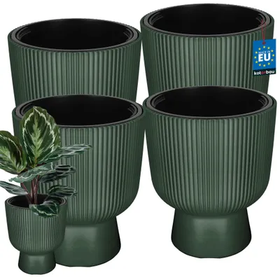 Obrázok produktu pre KOTARBAU® Súprava 4 kusov kvetináčov, priemer 29 cm. Kvetináče vhodné na orchideje, vnútorné kvetináče, vonkajšie kvetináče s podstavcom. Rúbkovaný dizajn, tvar kalichu. Plastové kvetináče. Farba: zelená