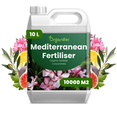Obrázok produktu pre Tekuté hnojivo pre stredomorské rastliny, 10 litrov, vzorec NPK 3-4-3 – vhodné pre záhradu, terasu a stredomorské kvetináče – organické