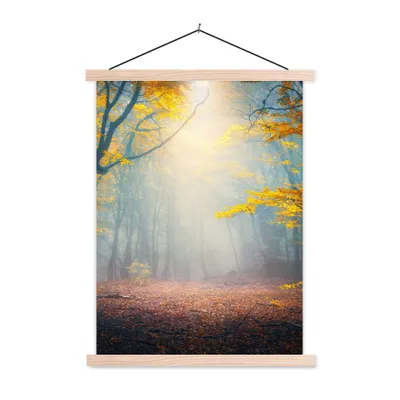 Produktbild von MuchoWow® Textilposter Wald - Nebel - Herbst 60x80 cm mit holzfarbenen Rahmen - Wandbild