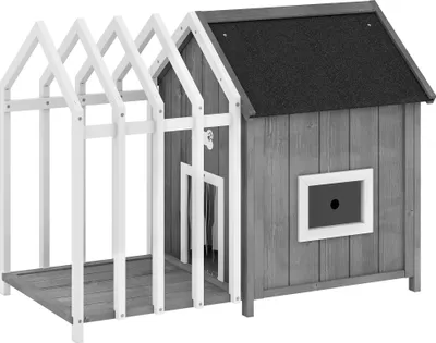 Image de PawHut Niche pour chien extérieur en bois, avec terrasse et barrière, maison chien extérieur, porte à lamelles et toit pointu en bitume, pour jardin, cours, veranda, patio,106 x 62,5 x 80,5 cm, gris