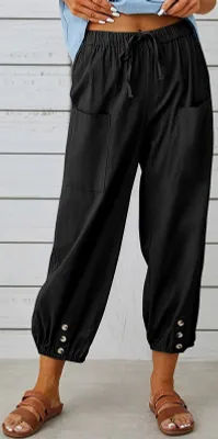 Produktbild von ASKSA Damen 7/8 Länge Hose Weitem Bein Freizeithose Leicht Sommerhose Casual Leinenhose, Schwarz, XXL