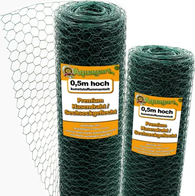Two rolls of green wire mesh fencing with labels.