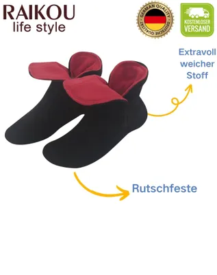Produktbild von Raikou Hausschuhe für Damen, Herren aus Micro Fleece mit ABS und Rutschfester Sohle, Super Flauschige Hüttenschuche 34/37 Schwarz/Rot