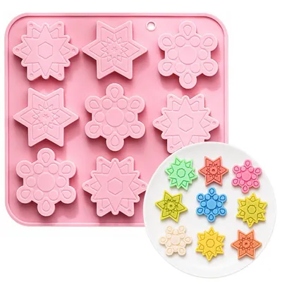 Immagine prodotto di Stampo in silicone a forma di fiocchi di neve, con 9 cavità per cioccolato, caramelle o sapone. Dimensioni: 17,9 x 16,8 x 0,9 cm