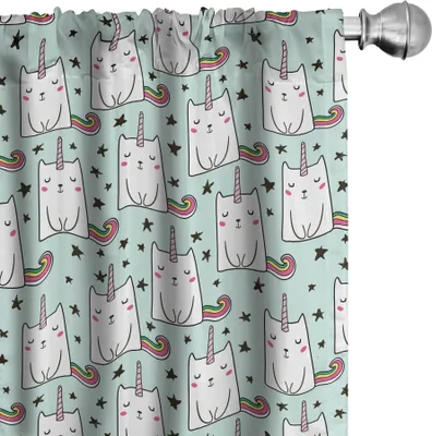 Immagine prodotto di ABAKUHAUS Tende per gatti, tende, sfondo disegnato a mano con stelle e motivi di corna di unicorno e arcobaleni, 2 pezzi 75 x 225 cm, multicolore
