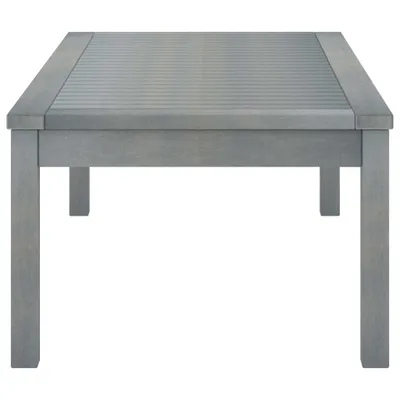 A grey wooden coffee table is shown from the front on a white background.