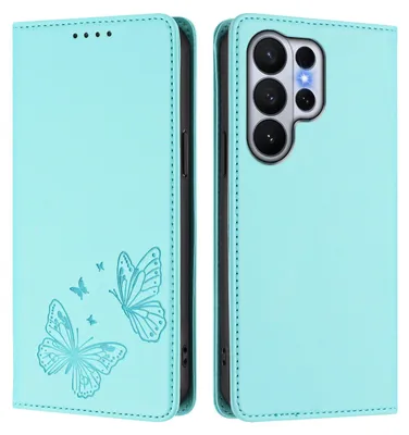 Obrázek produktu pro Kožené pouzdro pro Samsung Galaxy S26 Ultra, motýlí ražbou, peněženkové flip pouzdro se stojánkem Mátově zelená