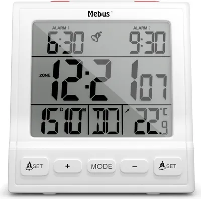 Produktbild von Mebus Funk-Wecker mit Thermometer / Funk-Uhr / Automatische Einstellung von Sommer-und Winterzeit / Zwei Weckzeiten / Farbe: Weiß / Modell: 56813