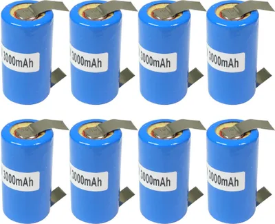 Produktbild von 8x Sub-C Akku Zelle 3000mAh 1,2V Hochstromfest Schnelladefähig Rohzelle zum Selbsteinbau Austausch mit U-Lötfahnen Flattop im Schrumpfschlauch Ersatzakku Austauschakku Industriezelle für Werkzeug/Modellbau