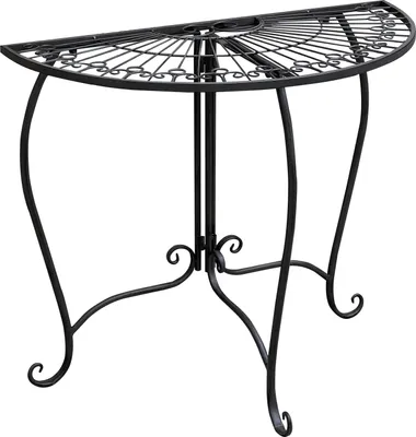 A black metal half-round table.