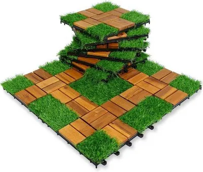 Zdjęcie produktu dla Płytki balkonowe z drewna i sztucznej trawy, 30 x 30 cm, płytki tarasowe