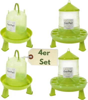 Produktbild von 4 Stück Hühnertränke mit Füßen + Futterautomat Hühner Set Geflügeltränke Hühnerfutter Automat Futtertrog Stülptränke Futterspender Hühner Tränke Gr.1