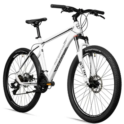 A white mountain bike is shown against a white background.