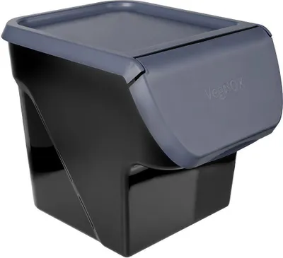 A black and gray storage container for fruits and vegetables.