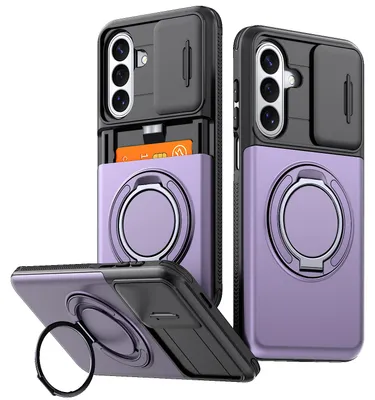 Produktbild von Handyhülle mit Kartenfach für Samsung Galaxy S25 FE, Schiebe Kameraschutz, Ringhalter Ständer, Stoßfeste Schutzhülle Lila