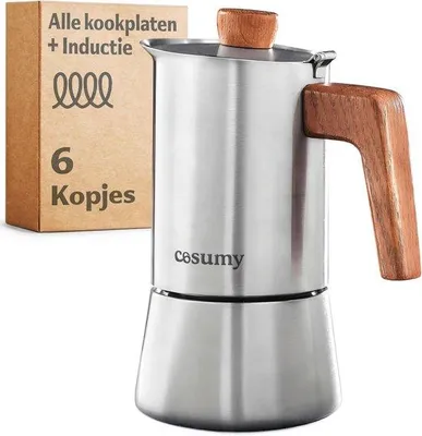 Produktbild von Edelstahl-Eichenholz Espressomaker, 6 Tassen, induktionsfest