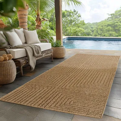 Image de Ayyildiz | Tapis d'extérieur Timber - 80 cm x 250 cm - Beige géométrique - Résistant et facile à entretenir