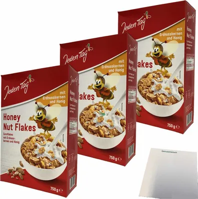 Produktbild von Jeden Tag Honey Nut Flakes 3er Pack (3x750g Packung) + usy Block