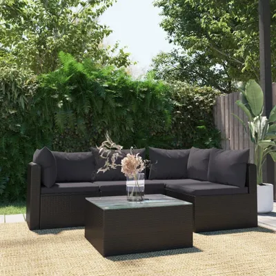 Produktbild von vidaXL 5-tlg. Garten-Lounge-Set mit Auflagen Poly Rattan Schwarz