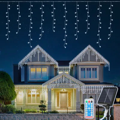 Obrázok produktu pre TolleTour 10M solárne LED ľadový dážď rozprávkové svetlá vonkajšie vnútorné studené biele svetlo záves 400 LED sople vianočné svetlá 8 režimov Vianočná dekorácia strana záhrada