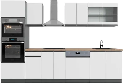 Produktbild von Küchenzeile Vicco R-Line Weiß 300 cm  J-Shape mit Hochschrank, AP Eiche, Model 42909