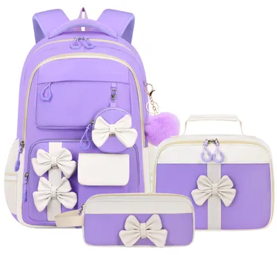 Produktbild von 3-teiliges Schulranzen Set, großer Rucksack, Laptopfach, Lunchbox Tasche, Schulrucksack für Kinder Mädchen Jungen, Lila Weiß