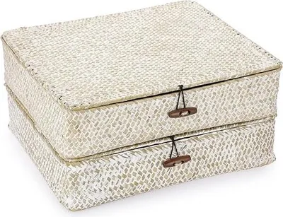 Image de 2 paniers de rangement en osier avec couvercle - boîte de rangement pour étagères - bureau, cuisine, jardin - 32 x 28 x 7 cm, panier en osier blanc
