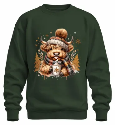 Produktbild von Highland Kuh Schal Becher Kakao Schottisches Hochlandrind Sweatshirt Pullover, Flaschengrün, XXL