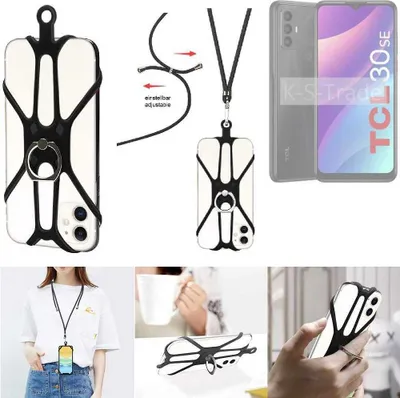 Produktbild von K-S-Trade 3in1 Handykette Handyband Handykordel Halsband Smartphone-Ring Handy-Ring kompatibel mit TCL 30 Se Fingerhalterung Handyring Tischständer