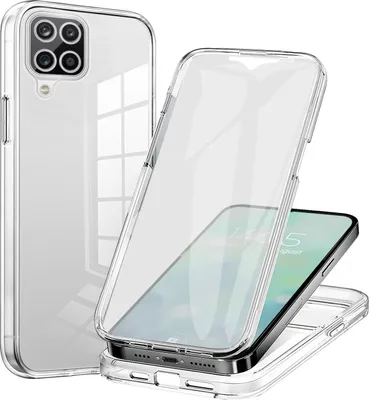 A clear protective phone case is shown from multiple angles, with one case encasing a smartphone.