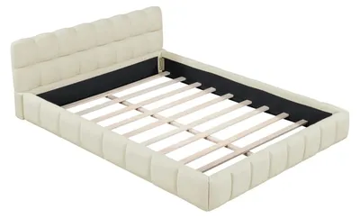 Image de Bubble - Lit coffre 140x190 cm - Tête de lit rembourrée - Lit en bois avec sommier à lattes - Lit avec espace de rangement - Sans matelas - Revêtement en lin, couleur beige