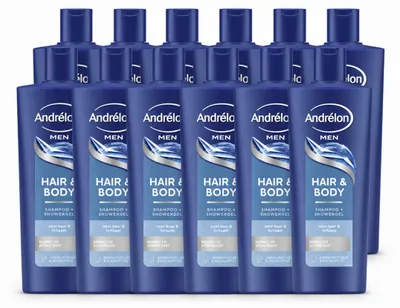 Imagen del producto de 12 champús Andrélon para hombres, para cabello y cuerpo – 400 ml – Paquete económico – 12 unidades