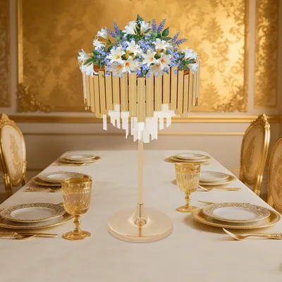 Immagine prodotto di Supporto per fiori per matrimoni - Porta fiori decorativo - Metallo - 38 x 68 cm - Color oro - Capacità di carico: 5 kg - Diametro della base: 24 cm