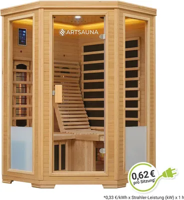 Produktbild von Artsauna Eck-Infrarotkabine Aalborg - Infrarotsauna für bis zu 2 Personen mit Dual-Technologie, LED-Farblicht & Liege - Wärmekabine 120x120 cm
