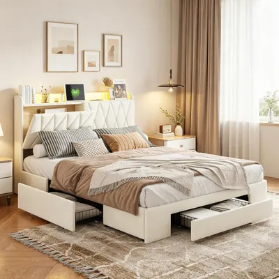 Obrázek produktu pro Postel INONEFT, rozměr 140x200 cm, čalouněná, s úložným prostorem (zásuvky), manželská postel s LED osvětlením a USB porty, postel pro mládež s čelem, rám postele s lamelovým roštem, materiál: samet, barva: béžová
