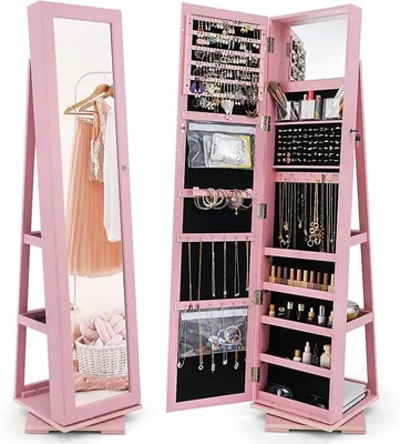 Imagen del producto de Espejo giratorio de 360 grados, armario para joyas con espejo de cuerpo entero, armario con almacenamiento para joyas y 2 estantes, organizador de joyas con cerradura y llaves (39 x 39 x 161 cm, rosa)